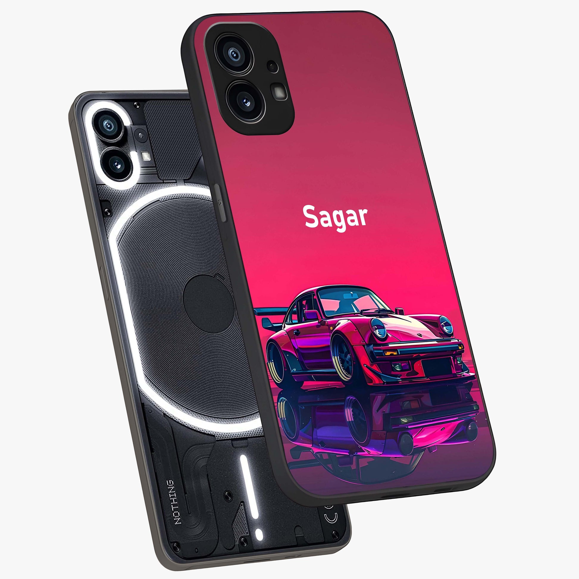 Neon Pink Porsche Glass Case displayed in angled mockup highlighting sleek neon pink car design with racing aesthetic.