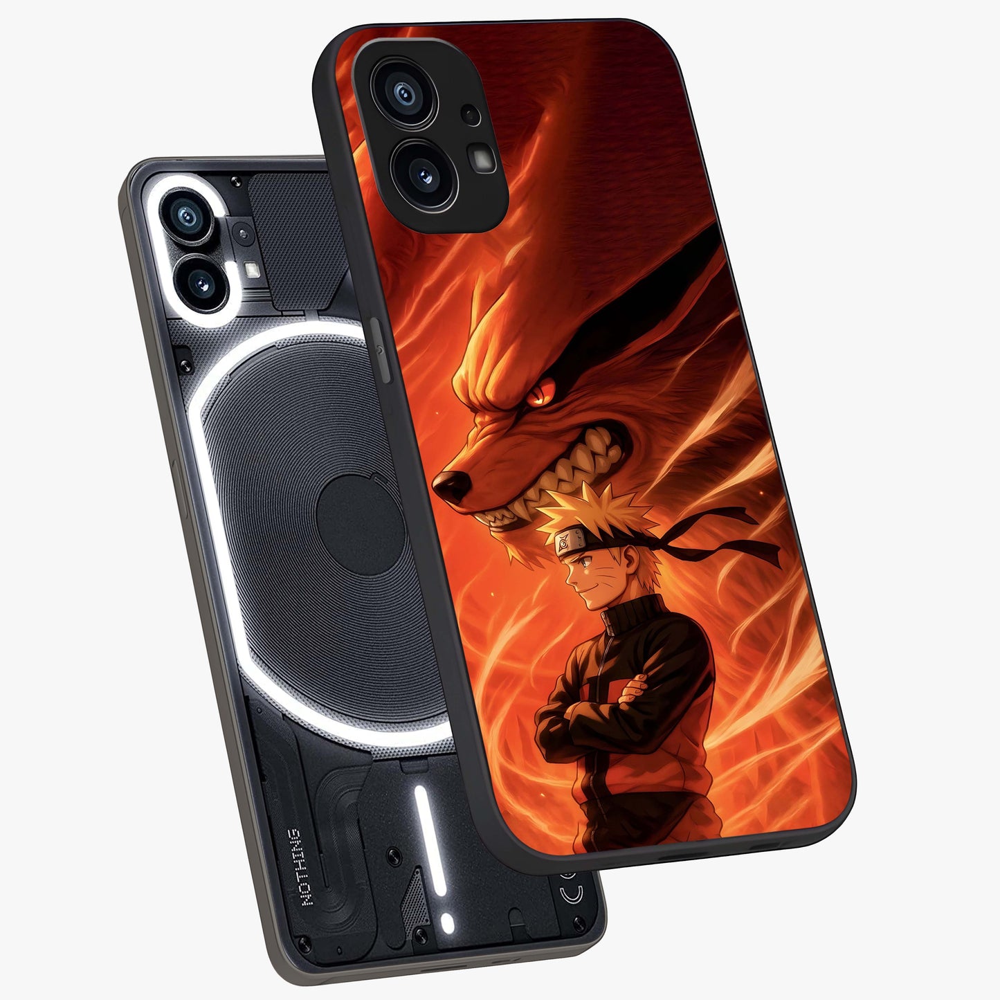 Nine Tails Legacy Glass Case displayed in angled mockup highlighting dynamic anime beast illustration with bold mystical aesthetic.