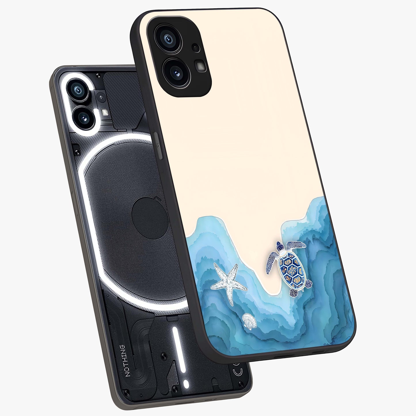 Ocean Drift Turtle Glass Case displayed in angled mockup highlighting peaceful ocean turtle illustration with marine aesthetic.