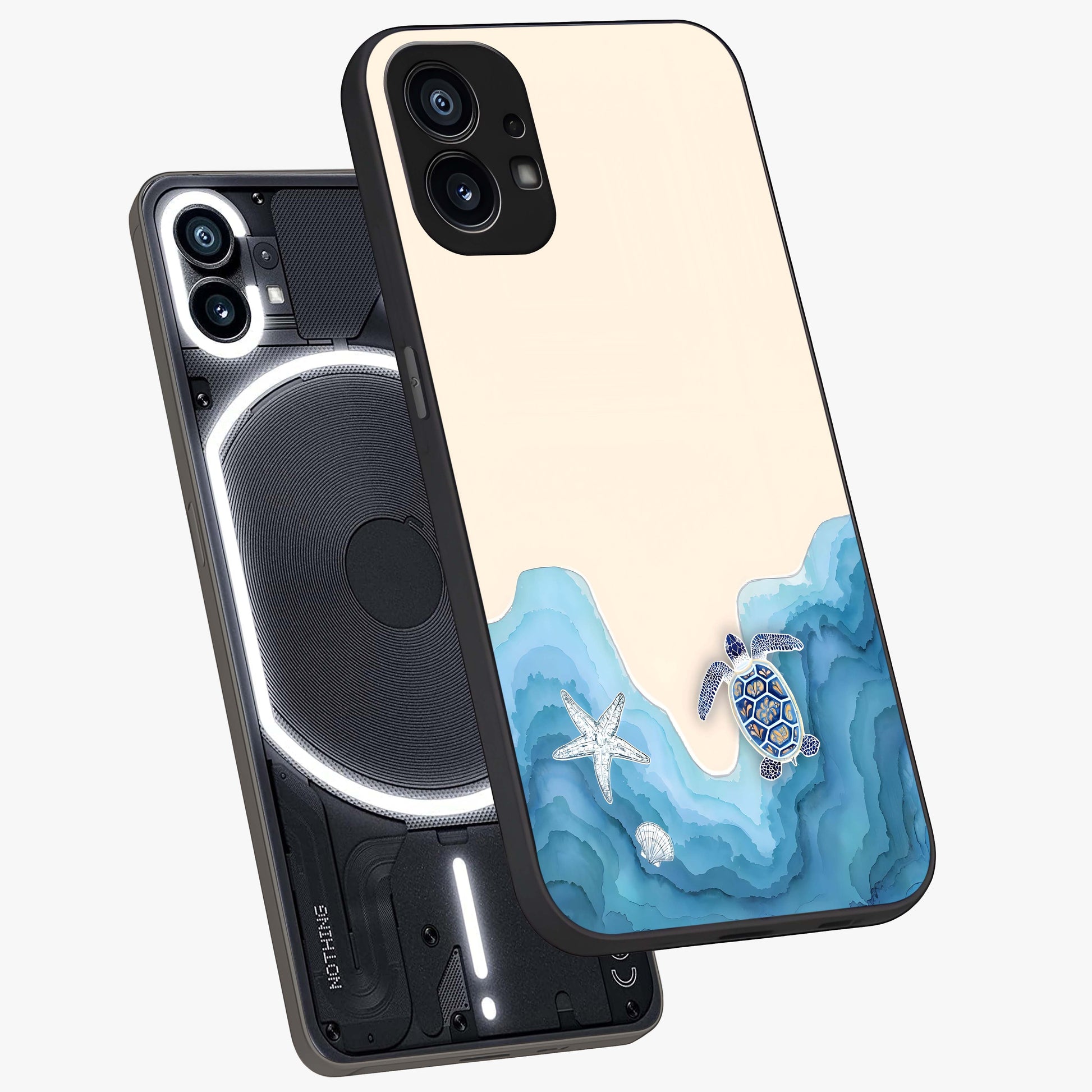 Ocean Drift Turtle Glass Case displayed in angled mockup highlighting peaceful ocean turtle illustration with marine aesthetic.