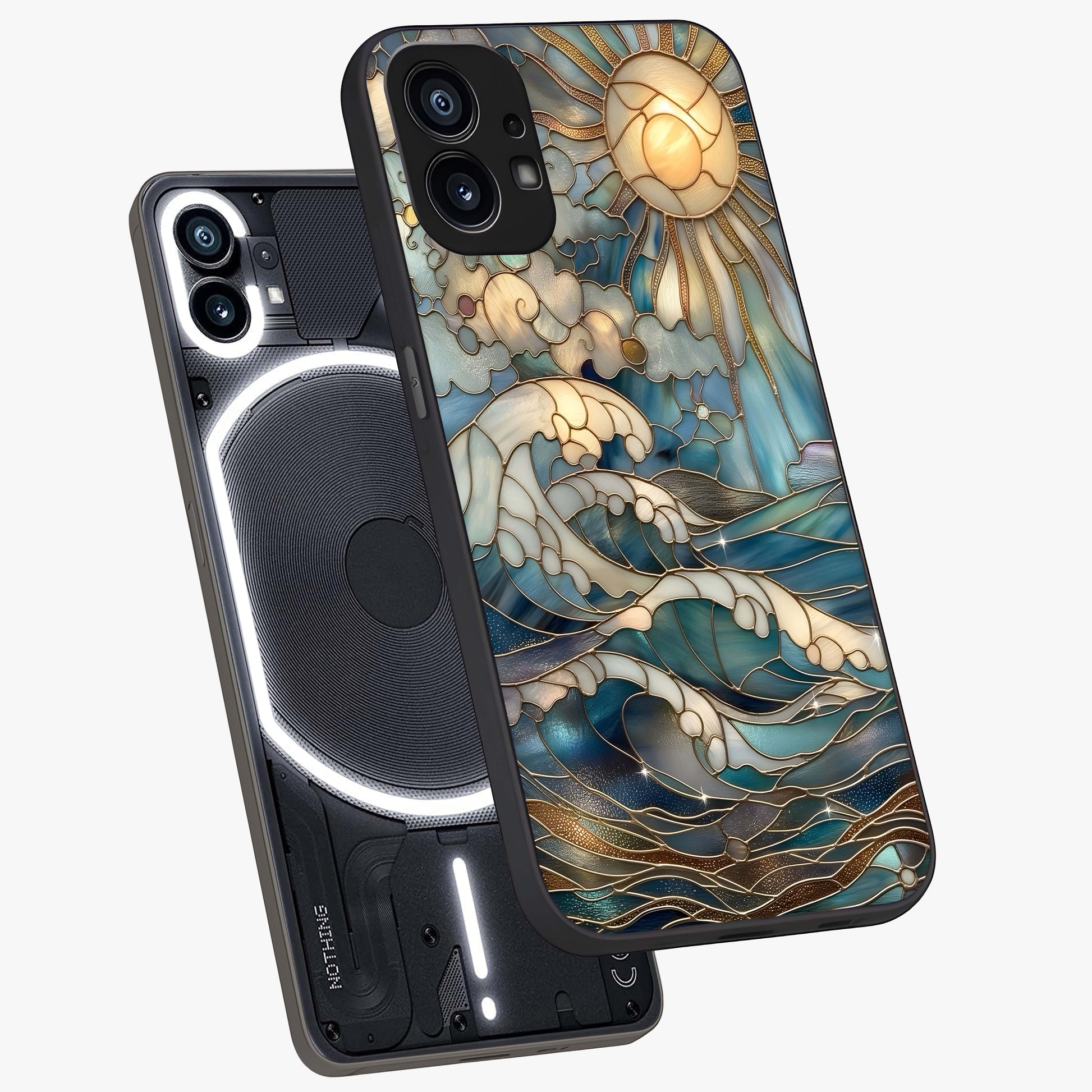 Oceanic Stained Printed Glass Case displayed in angled mockup highlighting colorful aquatic design with artistic aesthetic style.