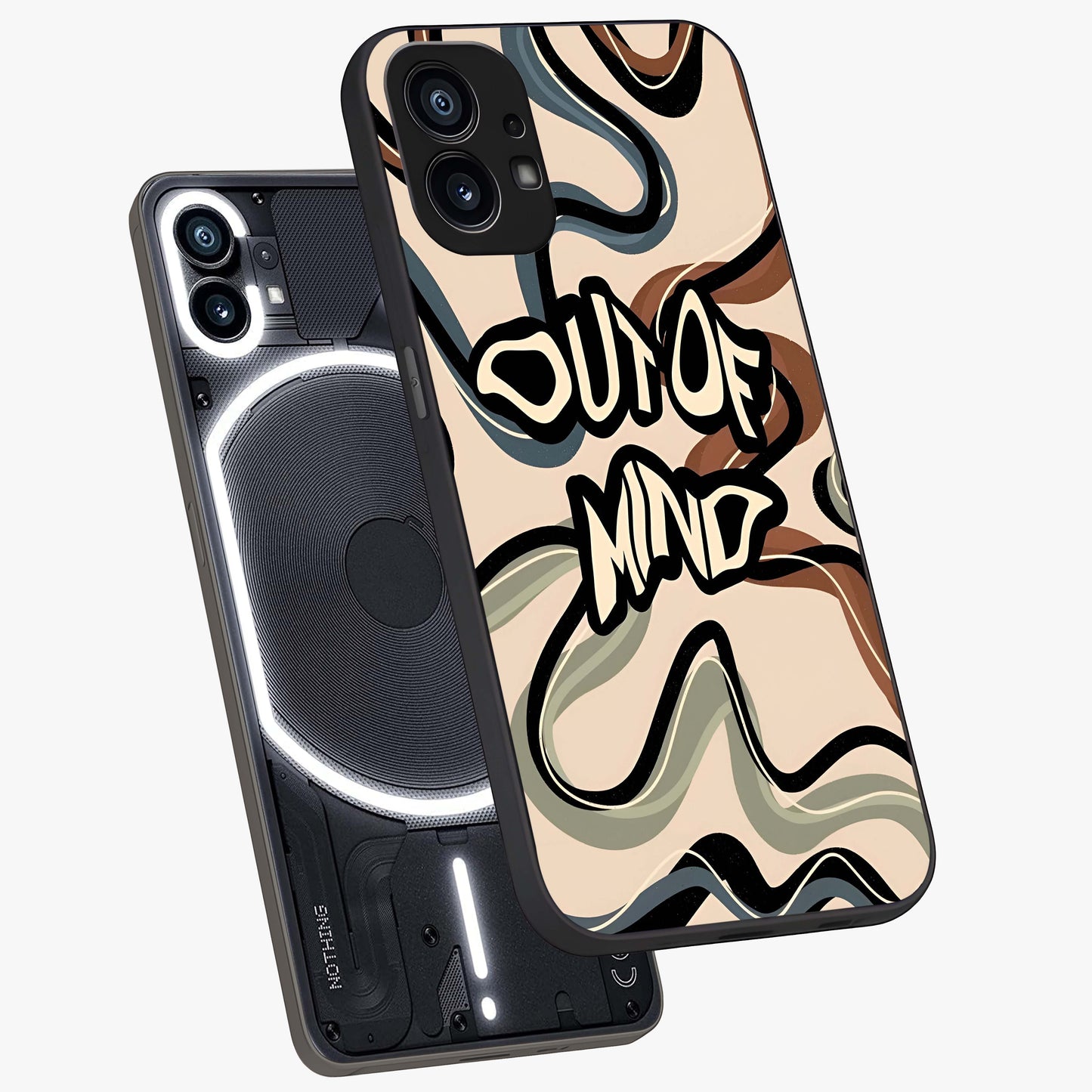 Out Of Mind Glass Case displayed in angled mockup highlighting bold statement design with modern artistic aesthetic.