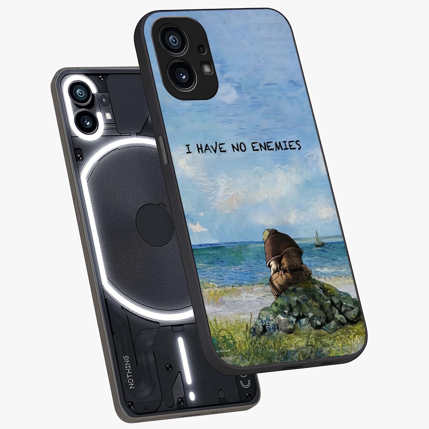 Peace Beyond War Glass Case displayed in angled mockup highlighting meaningful message design with artistic aesthetic style.