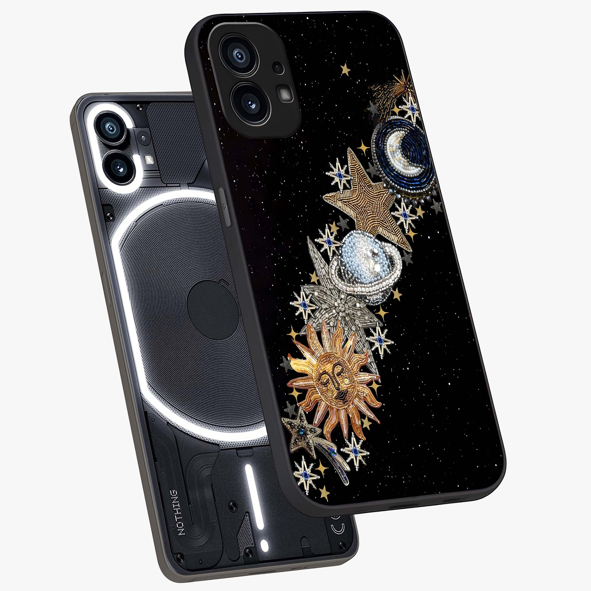 Pearls Universe Object Glass Case displayed in angled mockup highlighting celestial pearl design with dreamy aesthetic.