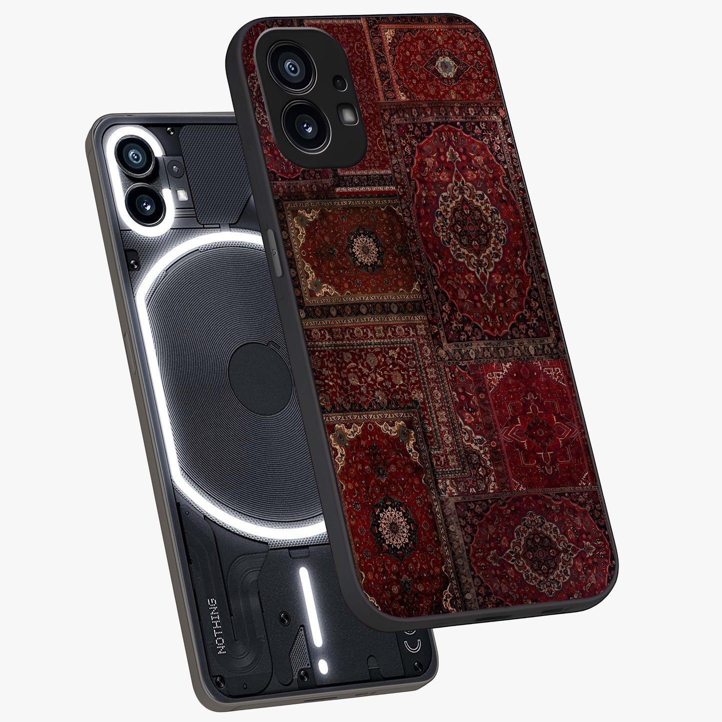 Persian Velvet Tale Glass Case displayed in angled mockup highlighting ornate textile inspired design with royal aesthetic.