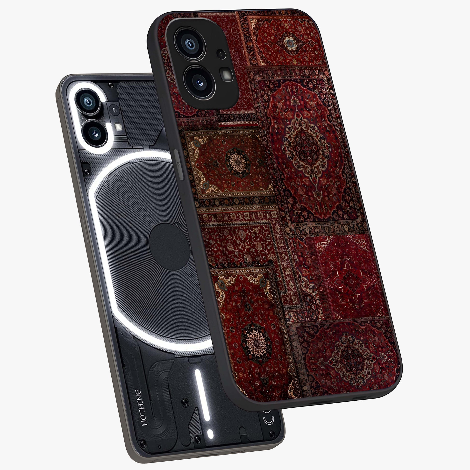 Persian Velvet Tale Glass Case displayed in angled mockup highlighting ornate textile inspired design with royal aesthetic.