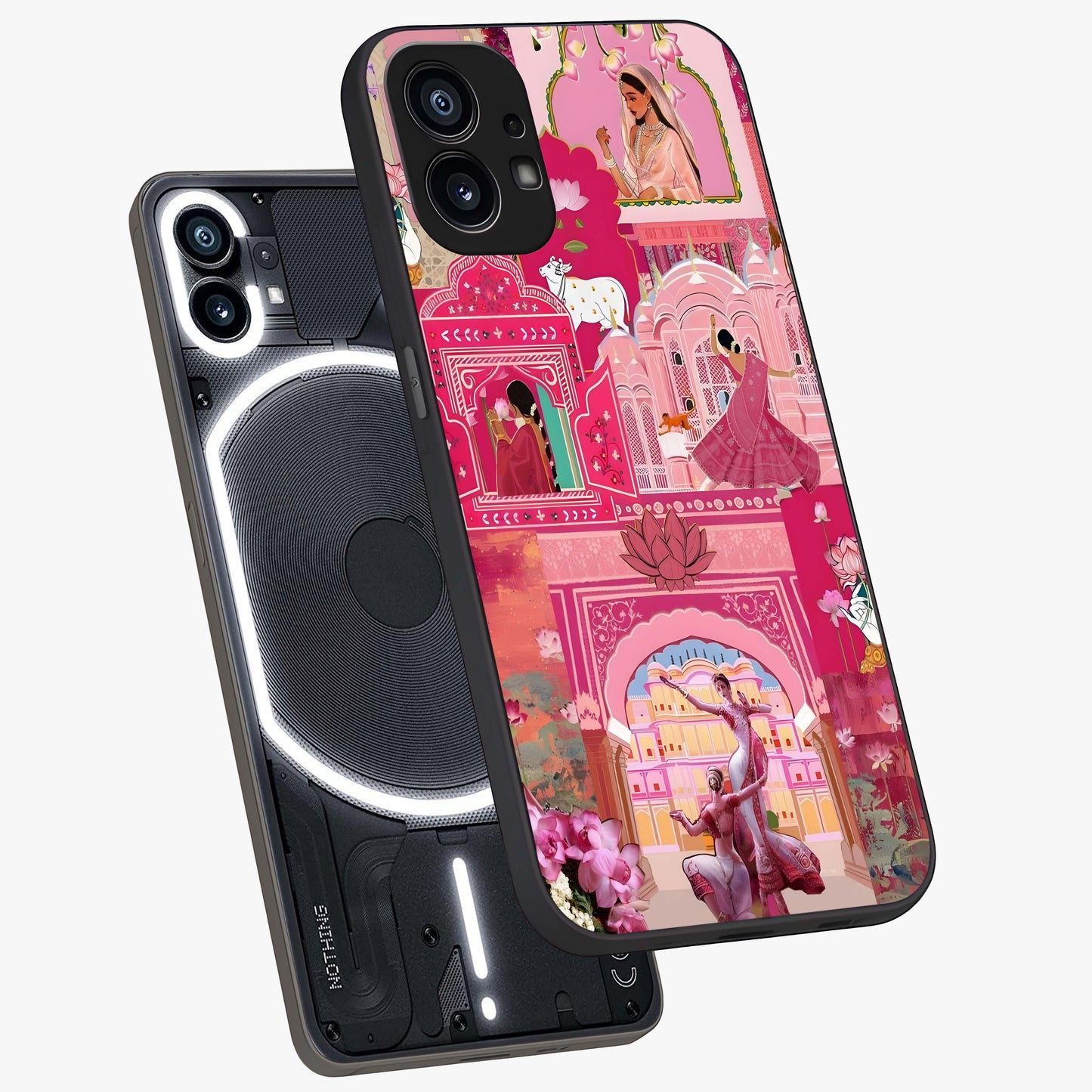 Pink Palace Muse Glass Case displayed in angled mockup highlighting dreamy palace illustration with soft pink aesthetic.