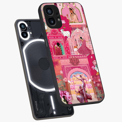 Pink Palace Muse Glass Case displayed in angled mockup highlighting dreamy palace illustration with soft pink aesthetic.