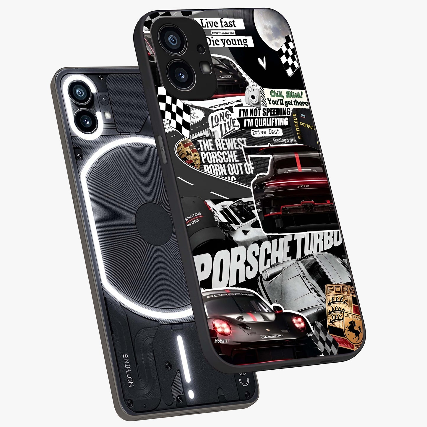 Porsche Racing Collage Glass Case displayed in angled mockup highlighting dynamic automotive design with bold racing aesthetic.