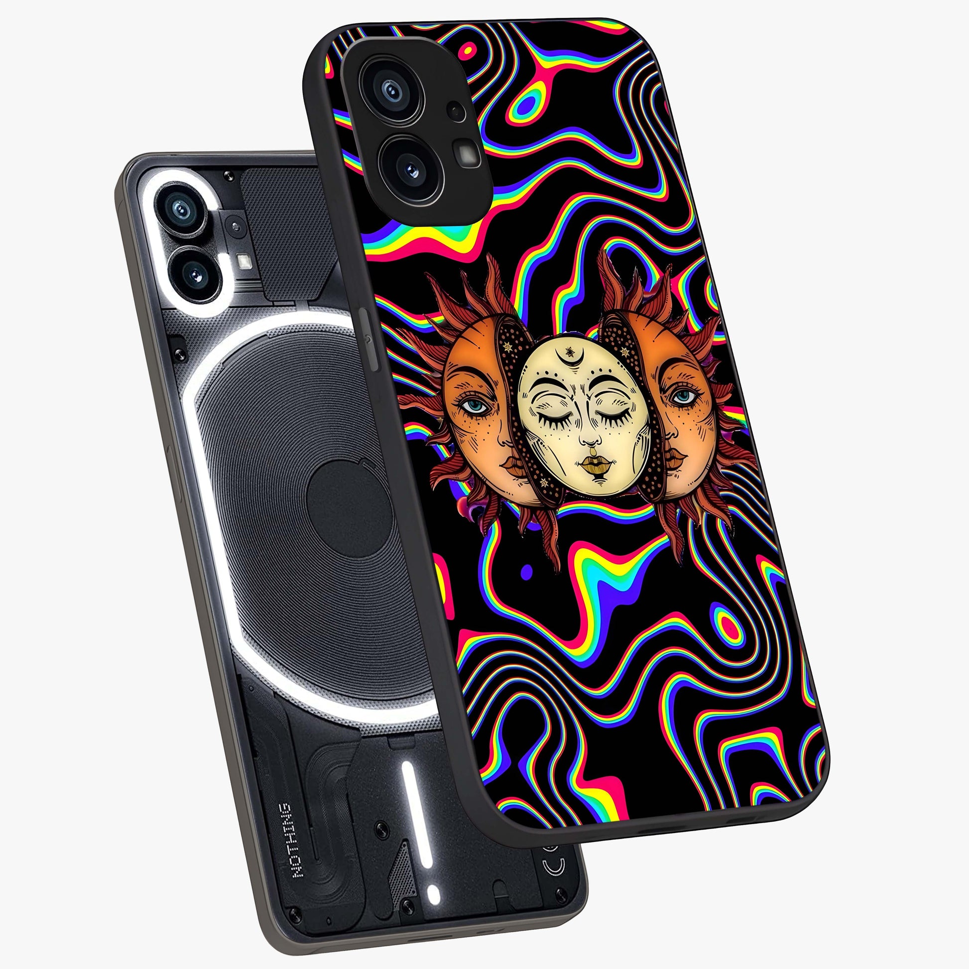 Psychedelic Sun Glass Case displayed in angled mockup highlighting vibrant abstract sun design with artistic aesthetic style.