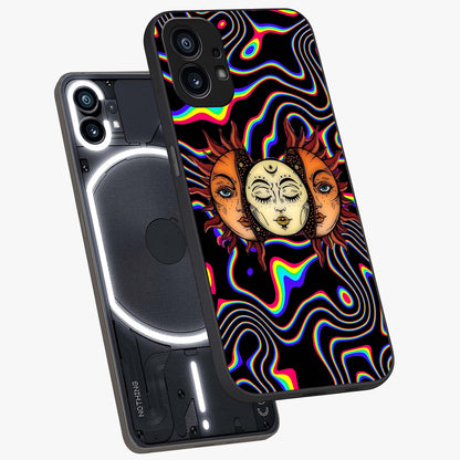 Psychedelic Sun Glass Case displayed in angled mockup highlighting vibrant abstract sun design with artistic aesthetic style.