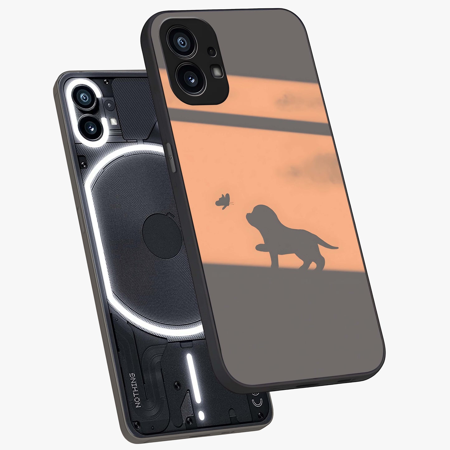 Puppy Shadow Art Glass Case displayed in angled mockup highlighting playful dog illustration with artistic shadow aesthetic.