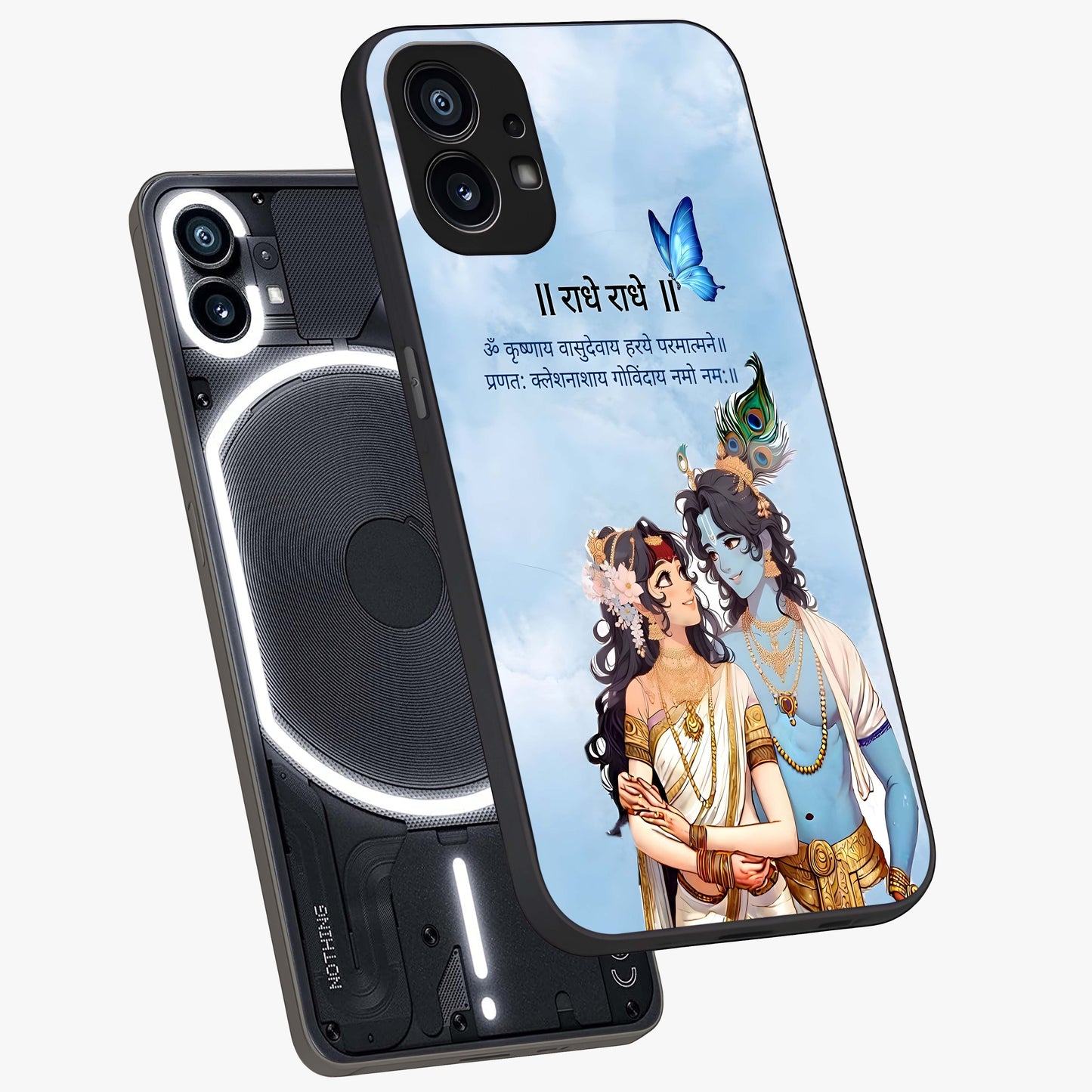 Radha Krishna Eternal Glass Case displayed in angled mockup highlighting divine Radha Krishna illustration with spiritual aesthetic.
