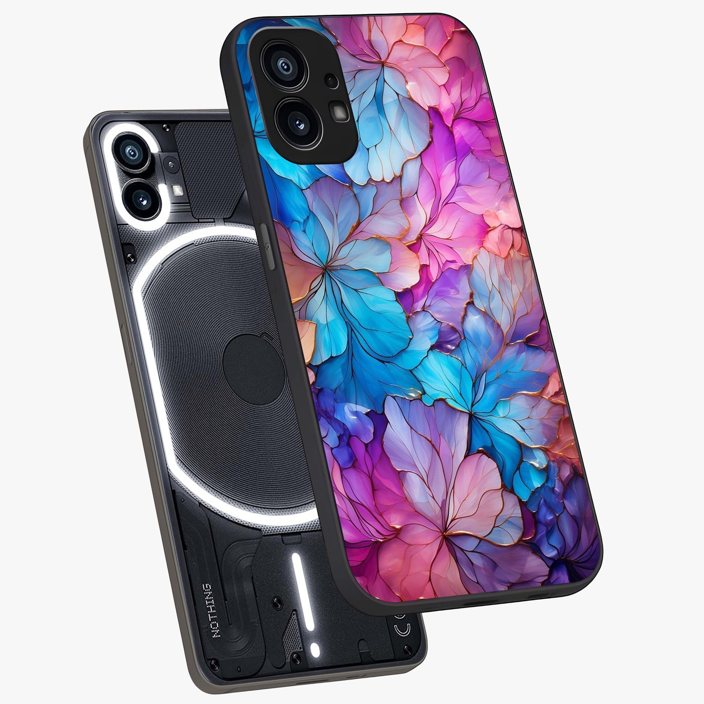 Radiant Floral Whirl Glass Case displayed in angled mockup highlighting vibrant flower pattern with dynamic artistic aesthetic.