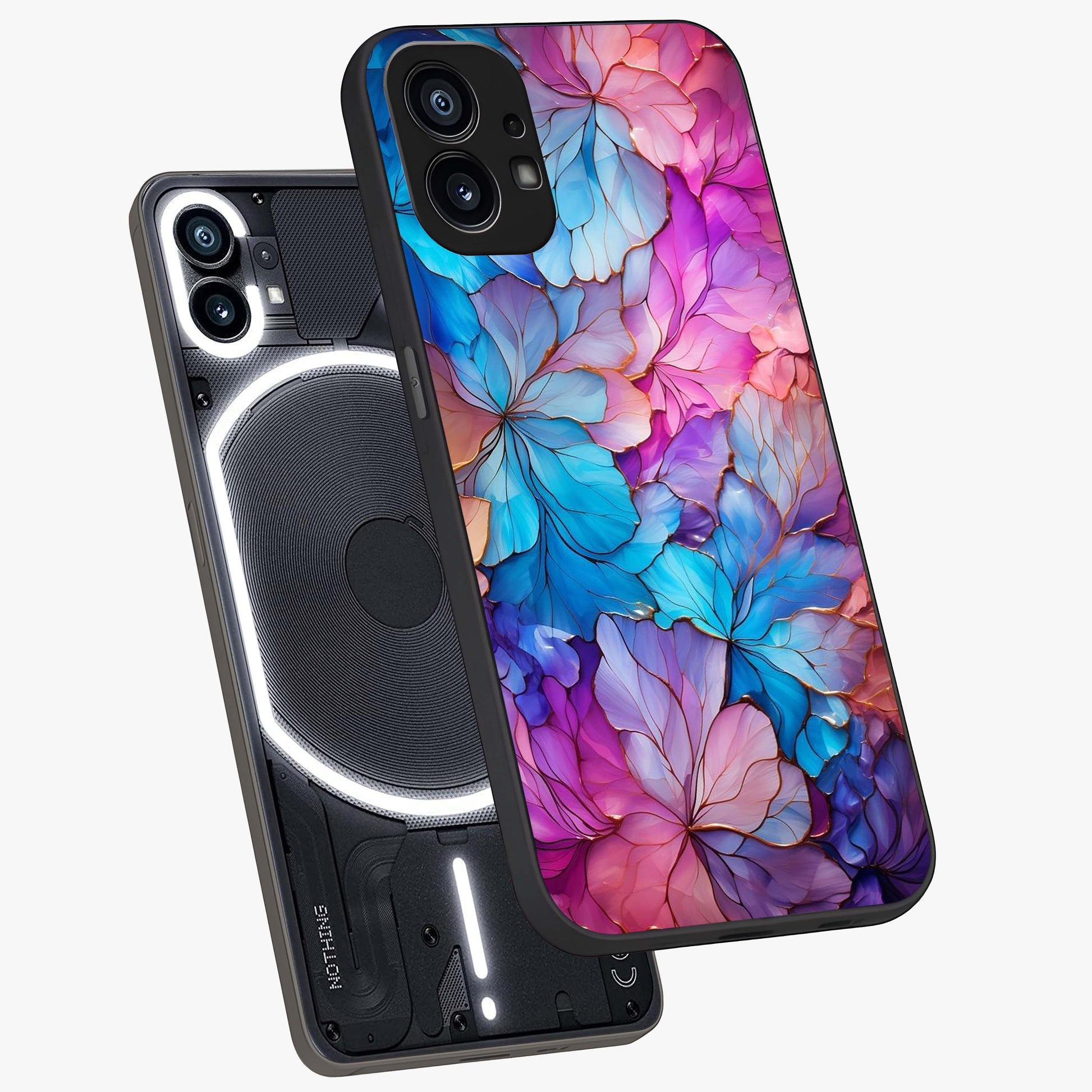 Radiant Floral Whirl Glass Case displayed in angled mockup highlighting vibrant flower pattern with dynamic artistic aesthetic.