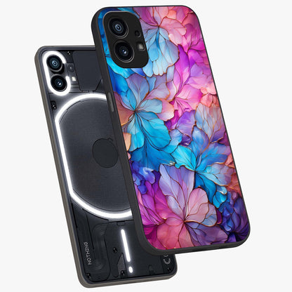 Radiant Floral Whirl Glass Case displayed in angled mockup highlighting vibrant flower pattern with dynamic artistic aesthetic.