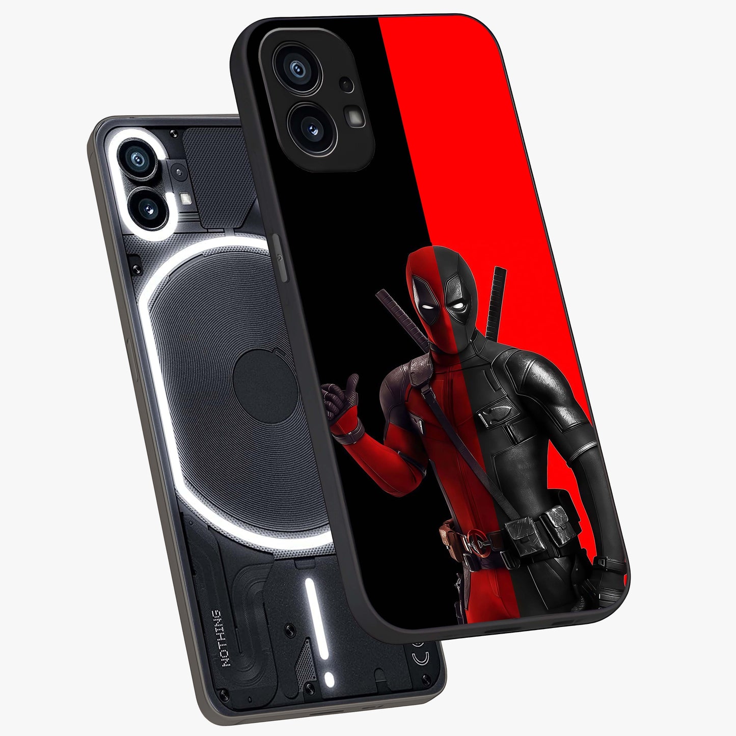 Red & Black Deadpool Theme Glass Case displayed in angled mockup highlighting vibrant superhero style illustration with action aesthetic.