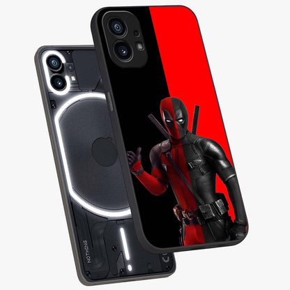 Red & Black Deadpool Theme Glass Case displayed in angled mockup highlighting vibrant superhero style illustration with action aesthetic.
