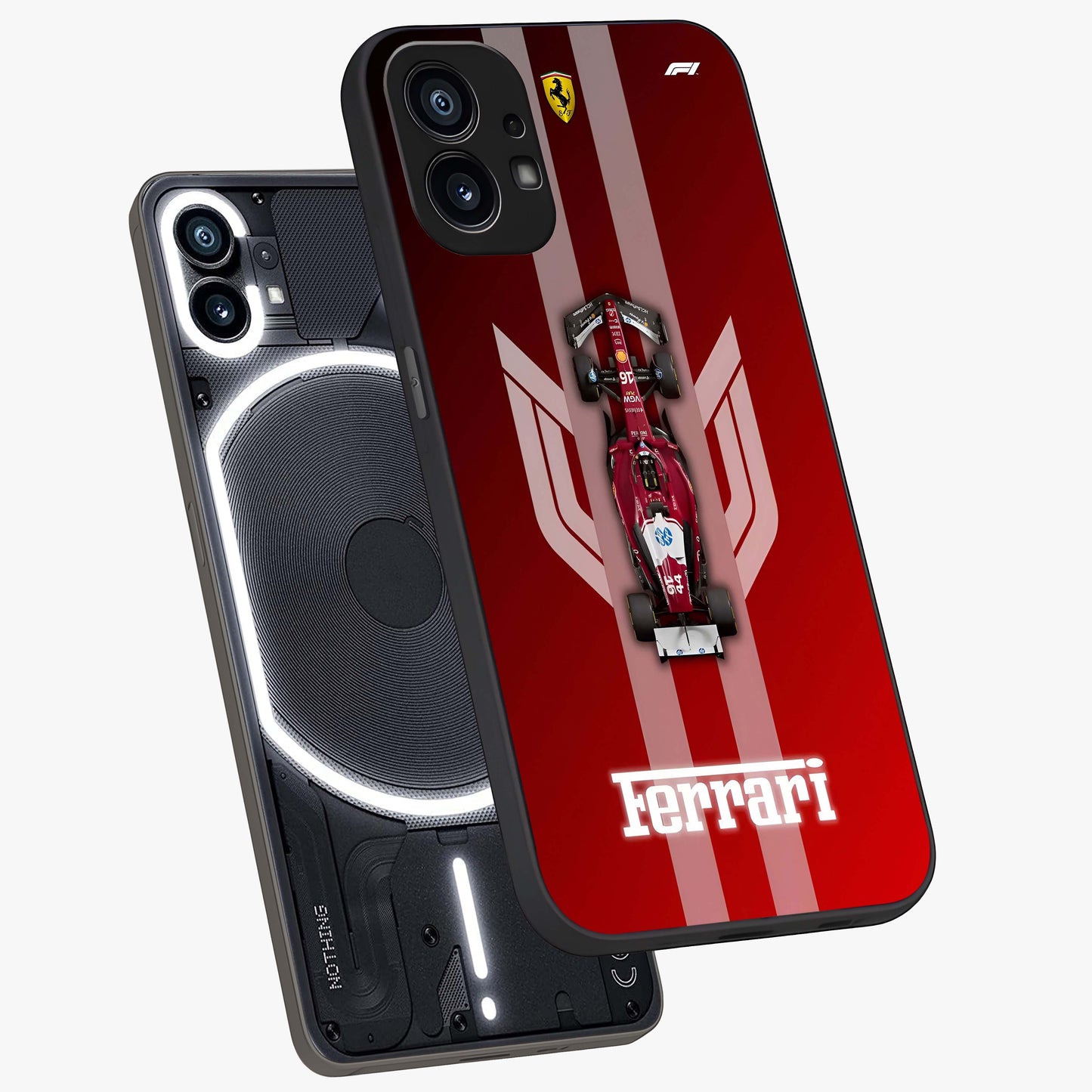 Red Ferrari F1 Vertical Glass Case displayed in angled mockup highlighting high speed racing design with bold automotive aesthetic.
