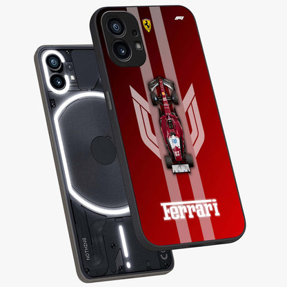 Red Ferrari F1 Vertical Glass Case displayed in angled mockup highlighting high speed racing design with bold automotive aesthetic.