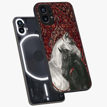 Regal Stallion Tapestry Glass Case displayed in angled mockup highlighting royal stallion design with decorative heritage aesthetic.