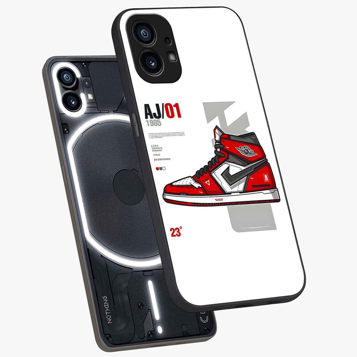 Retro Sneaker Blueprint Glass Case displayed in angled mockup highlighting detailed shoe design with sporty retro aesthetic.