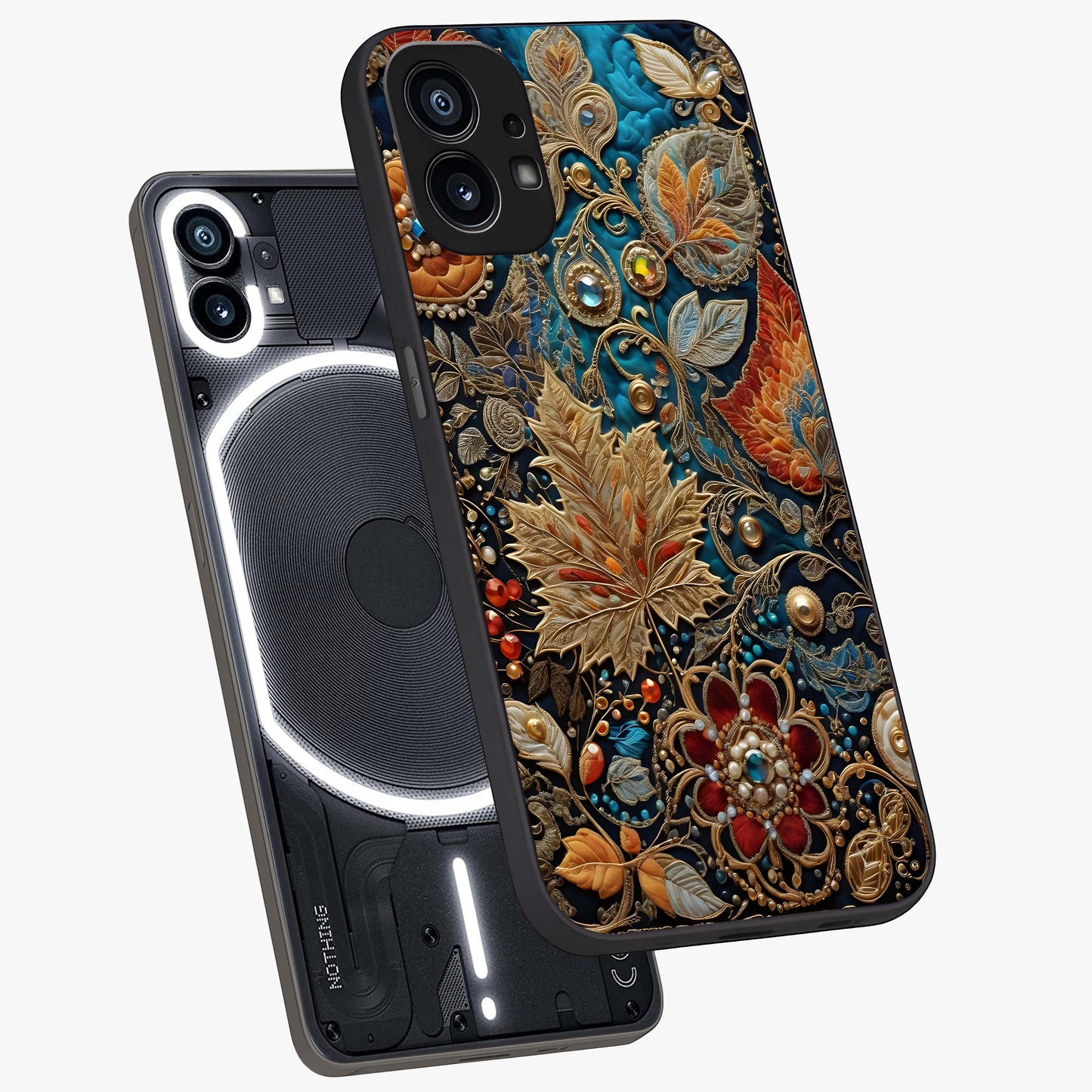 Royal Jewel Garden Glass Case displayed in angled mockup highlighting vibrant jewel inspired floral design with elegant aesthetic.