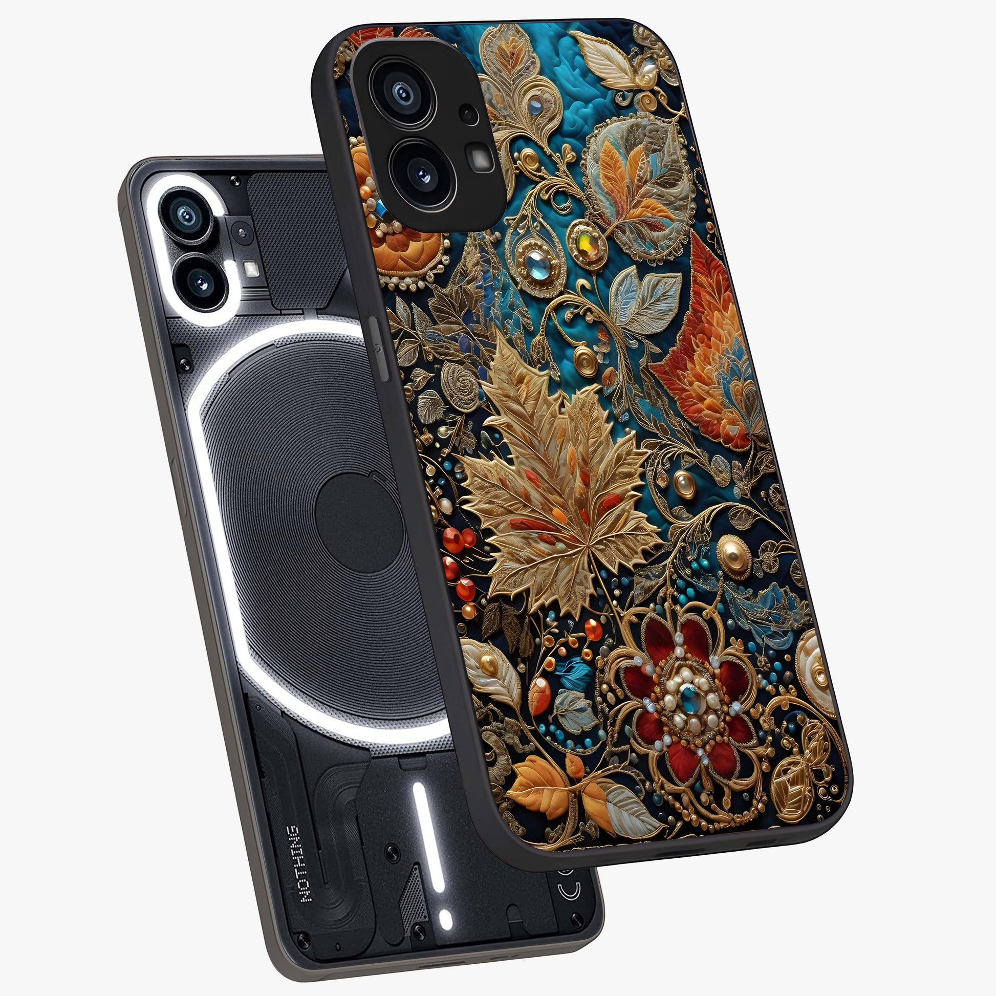 Royal Jewel Garden Glass Case displayed in angled mockup highlighting vibrant jewel inspired floral design with elegant aesthetic.