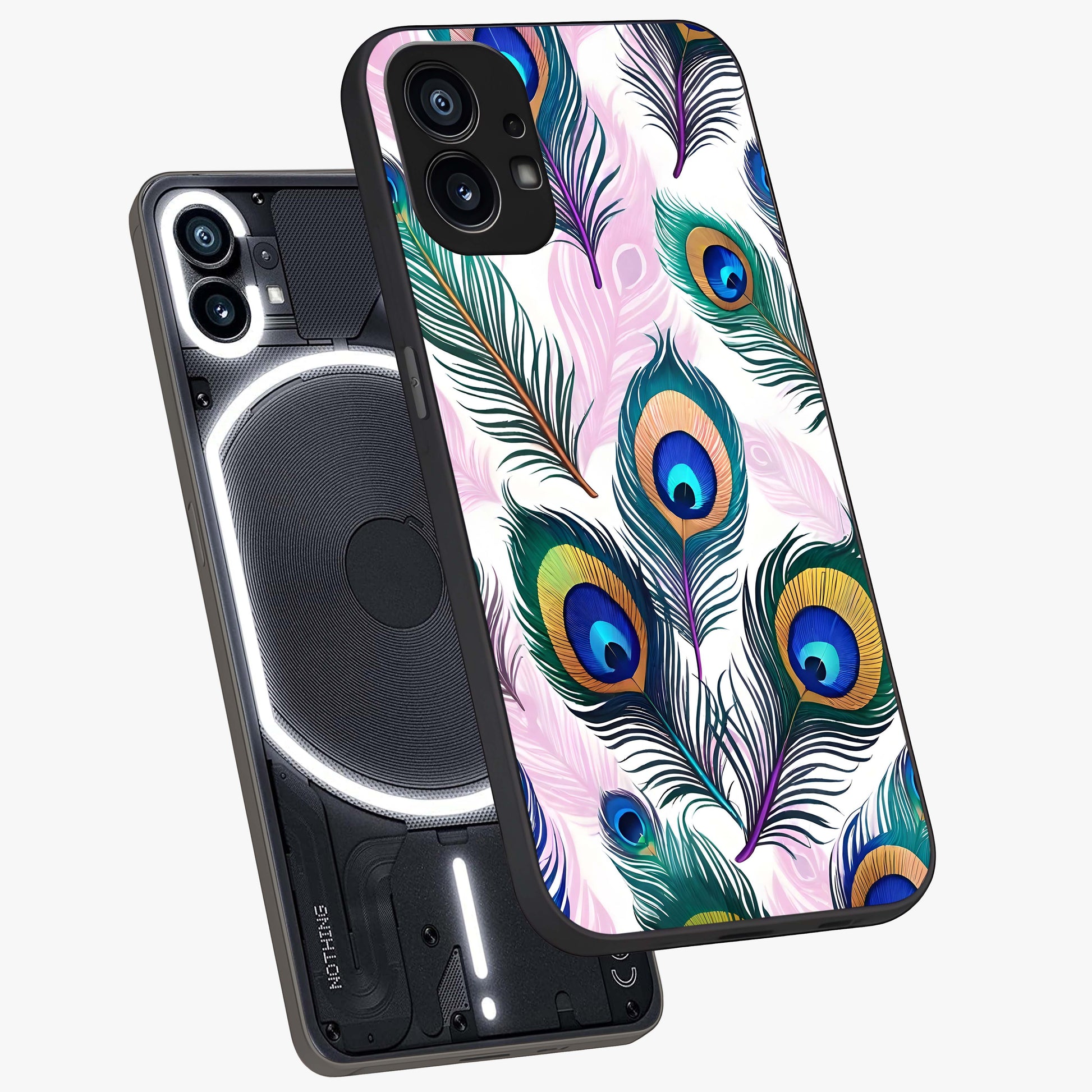 Royal Peacock Feathers Glass Case displayed in angled mockup highlighting vibrant feather pattern with regal aesthetic style.