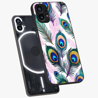 Royal Peacock Feathers Glass Case displayed in angled mockup highlighting vibrant feather pattern with regal aesthetic style.
