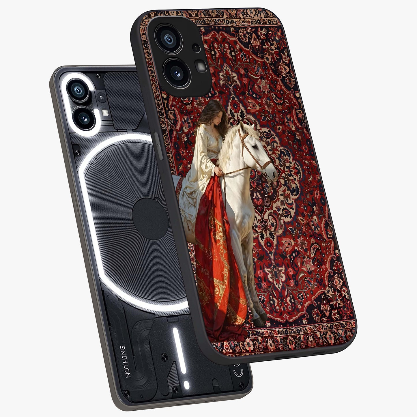 Royal Rider Tapestry Glass Case displayed in angled mockup highlighting traditional tapestry design with royal heritage aesthetic.