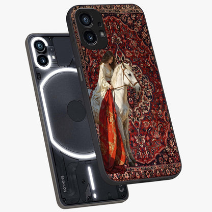 Royal Rider Tapestry Glass Case displayed in angled mockup highlighting traditional tapestry design with royal heritage aesthetic.