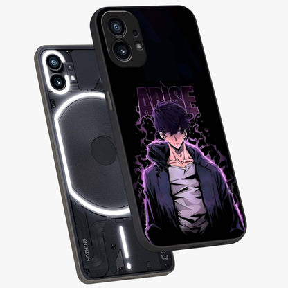 Shadow Monarch Awakening Glass Case displayed in angled mockup highlighting dramatic shadow warrior design with fantasy aesthetic.