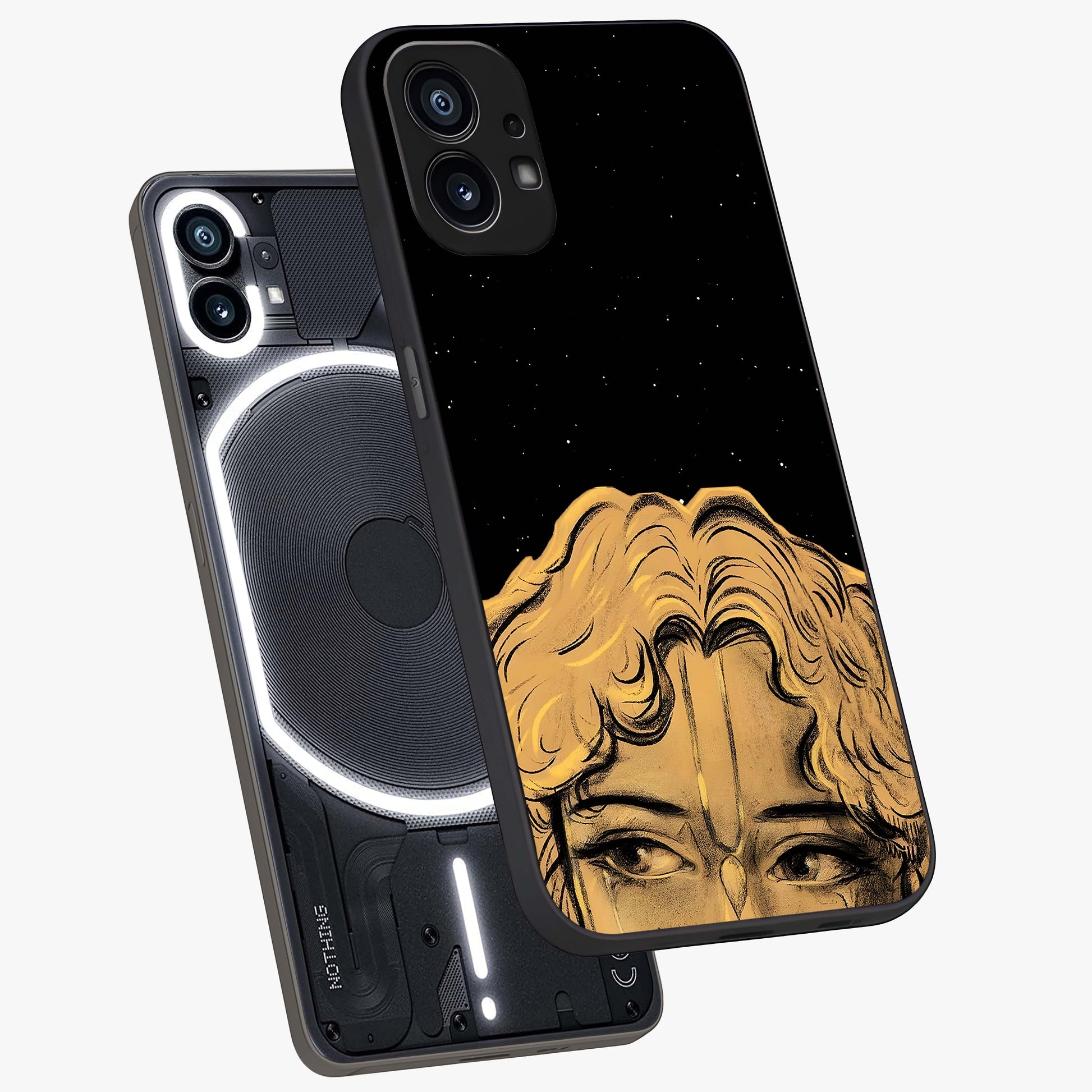 Shri Krishna Art Glass Case displayed in angled mockup highlighting spiritual Krishna illustration with divine aesthetic.