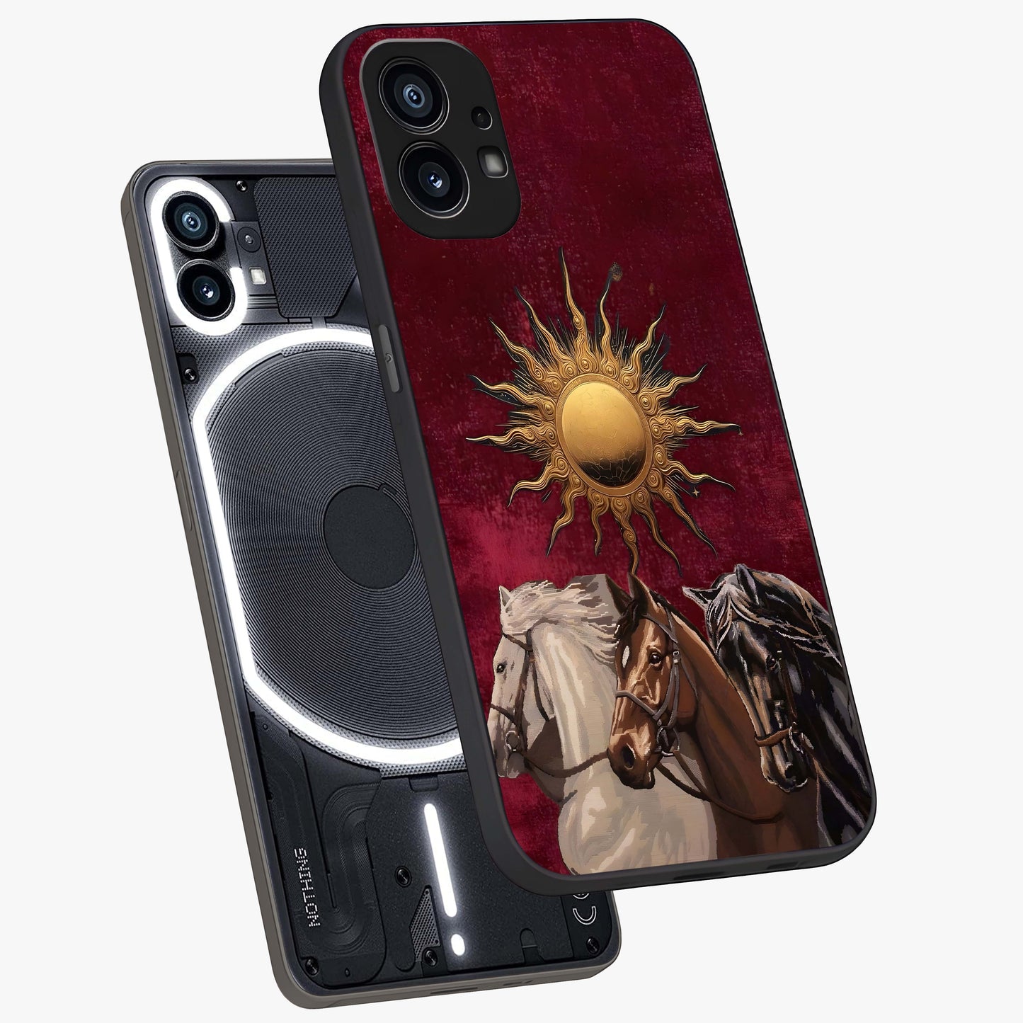 Solar Riders Glass Case displayed in angled mockup highlighting powerful rider illustration with radiant solar aesthetic.