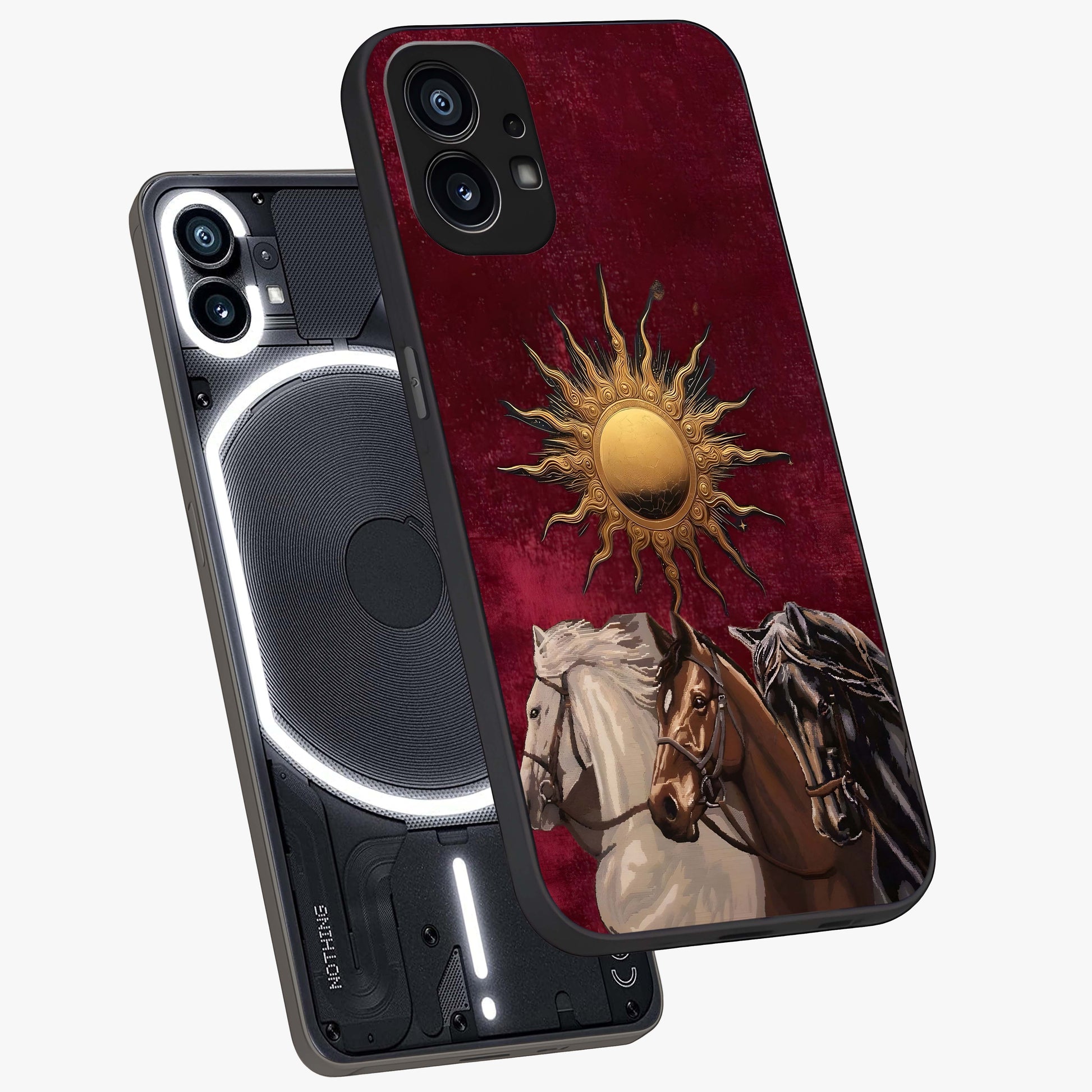 Solar Riders Glass Case displayed in angled mockup highlighting powerful rider illustration with radiant solar aesthetic.