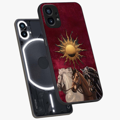 Solar Riders Glass Case displayed in angled mockup highlighting powerful rider illustration with radiant solar aesthetic.