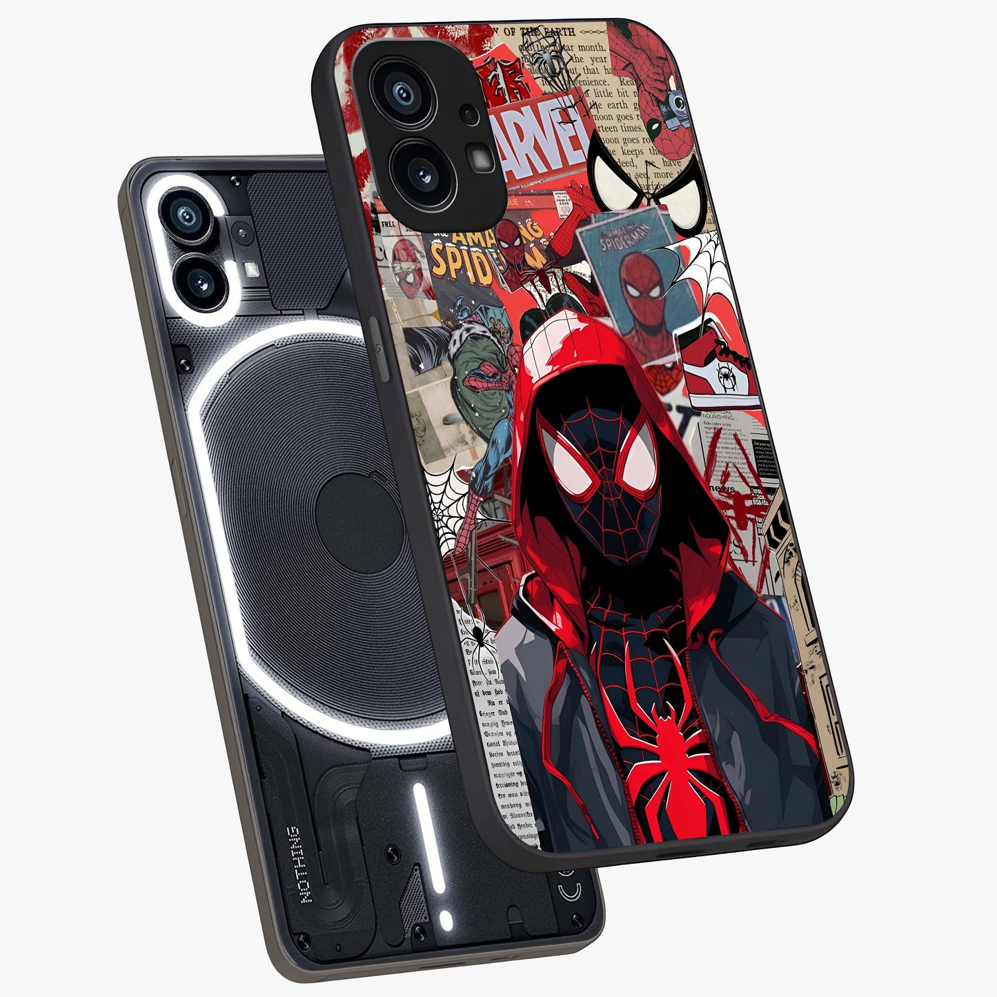 Spider Collage Street Glass Case displayed in angled mockup highlighting dynamic street style collage design with comic aesthetic.