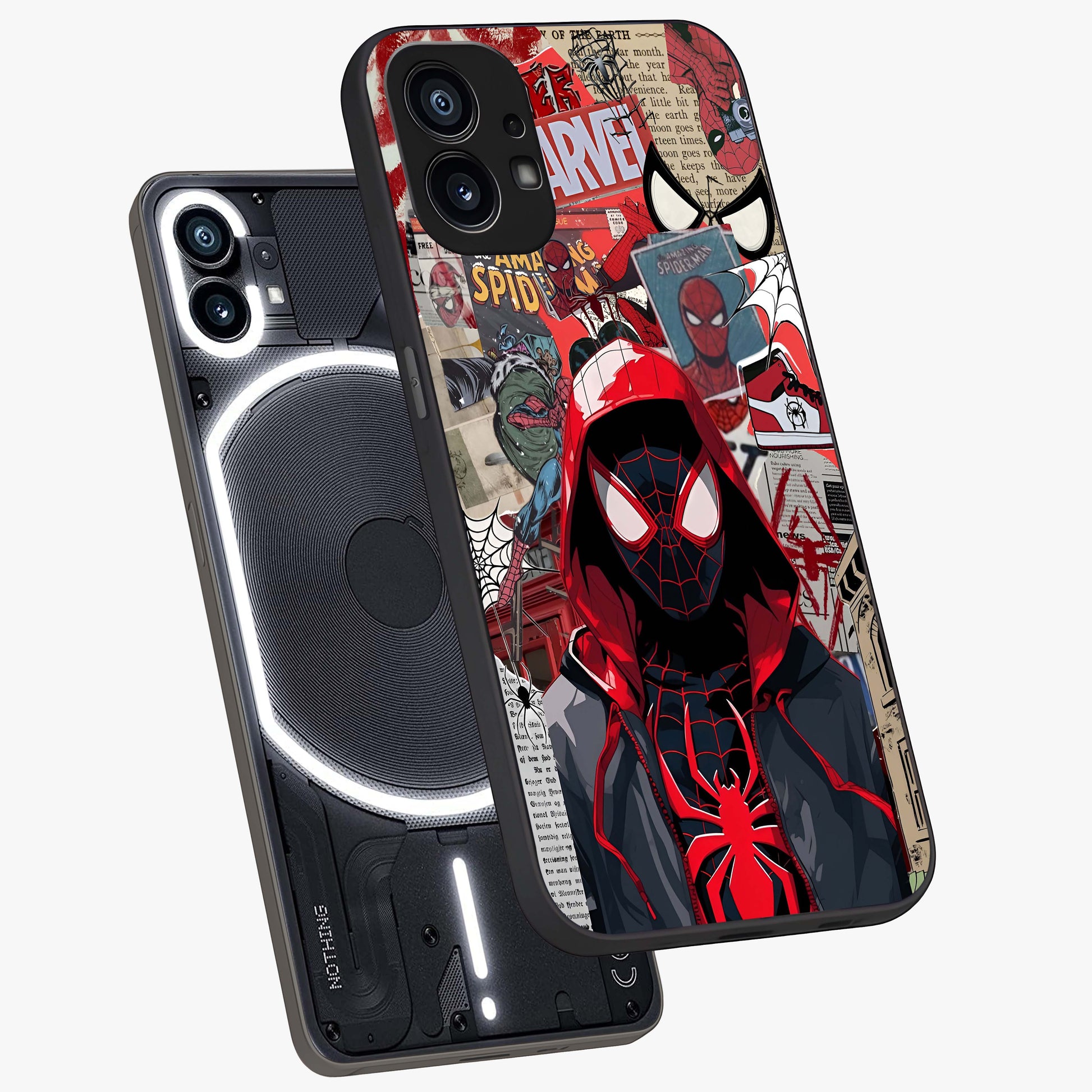 Spider Collage Street Glass Case displayed in angled mockup highlighting dynamic street style collage design with comic aesthetic.