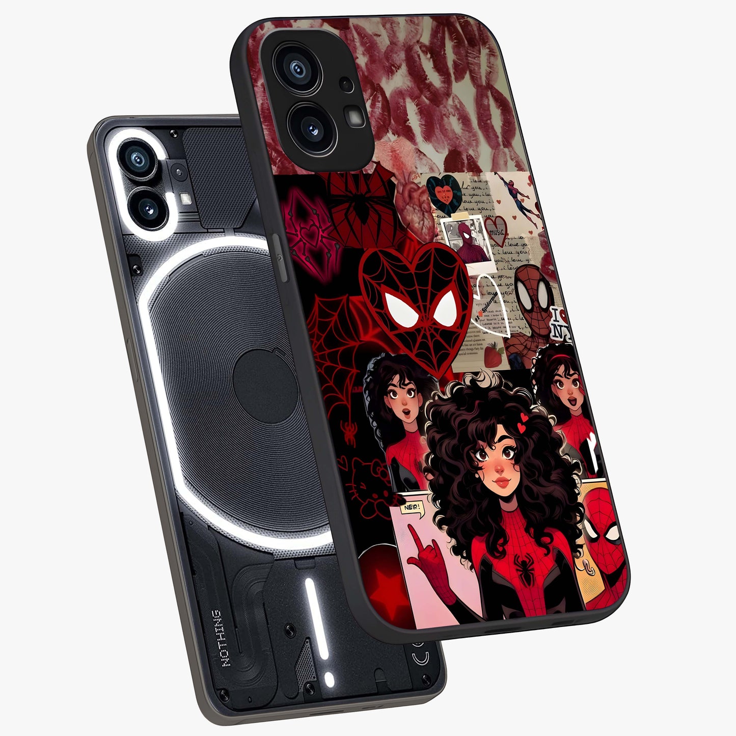 Spider Love Story Glass Case displayed in angled mockup highlighting expressive comic inspired design with playful aesthetic.