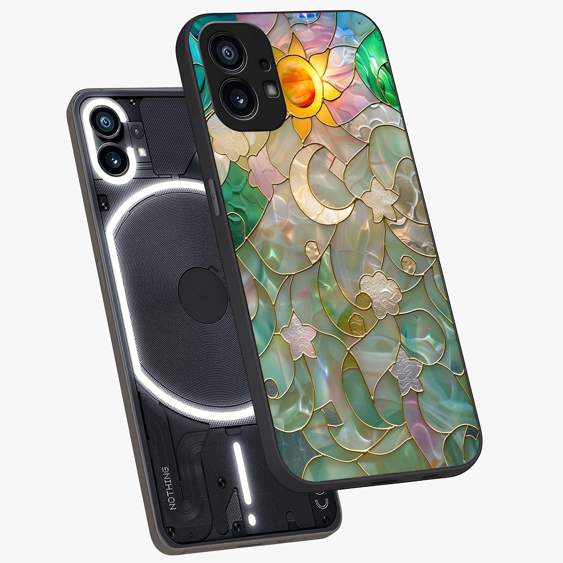 Stained Sunrise Glow Glass Case displayed in angled mockup highlighting radiant sunrise design with artistic aesthetic style.