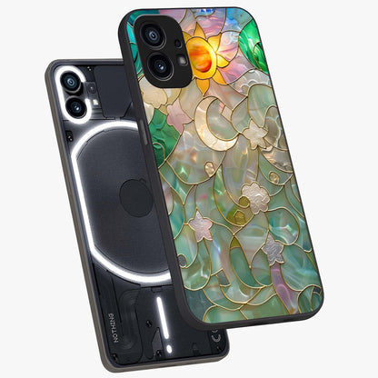 Stained Sunrise Glow Glass Case displayed in angled mockup highlighting radiant sunrise design with artistic aesthetic style.