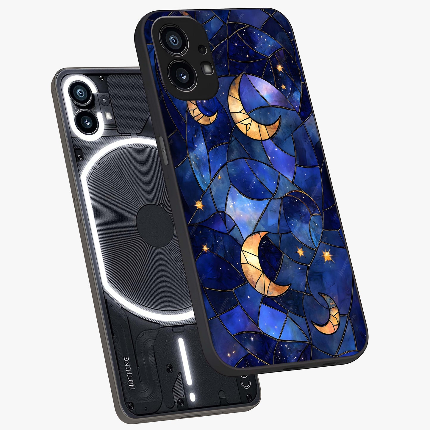 Starlit Sky Tapestry Glass Case displayed in angled mockup highlighting celestial night pattern with artistic aesthetic style.