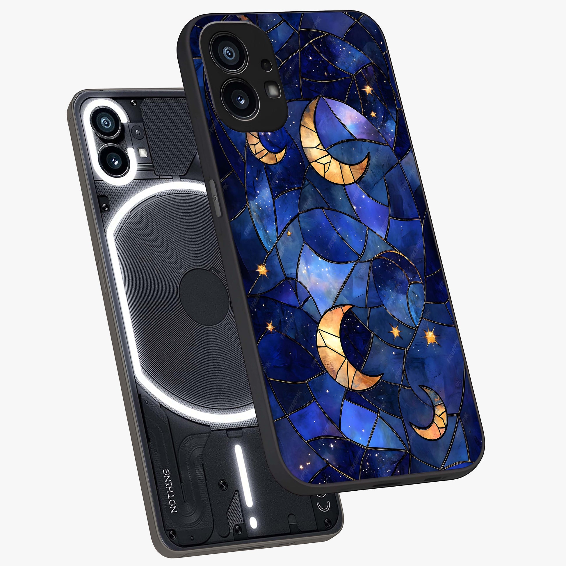 Starlit Sky Tapestry Glass Case displayed in angled mockup highlighting celestial night pattern with artistic aesthetic style.