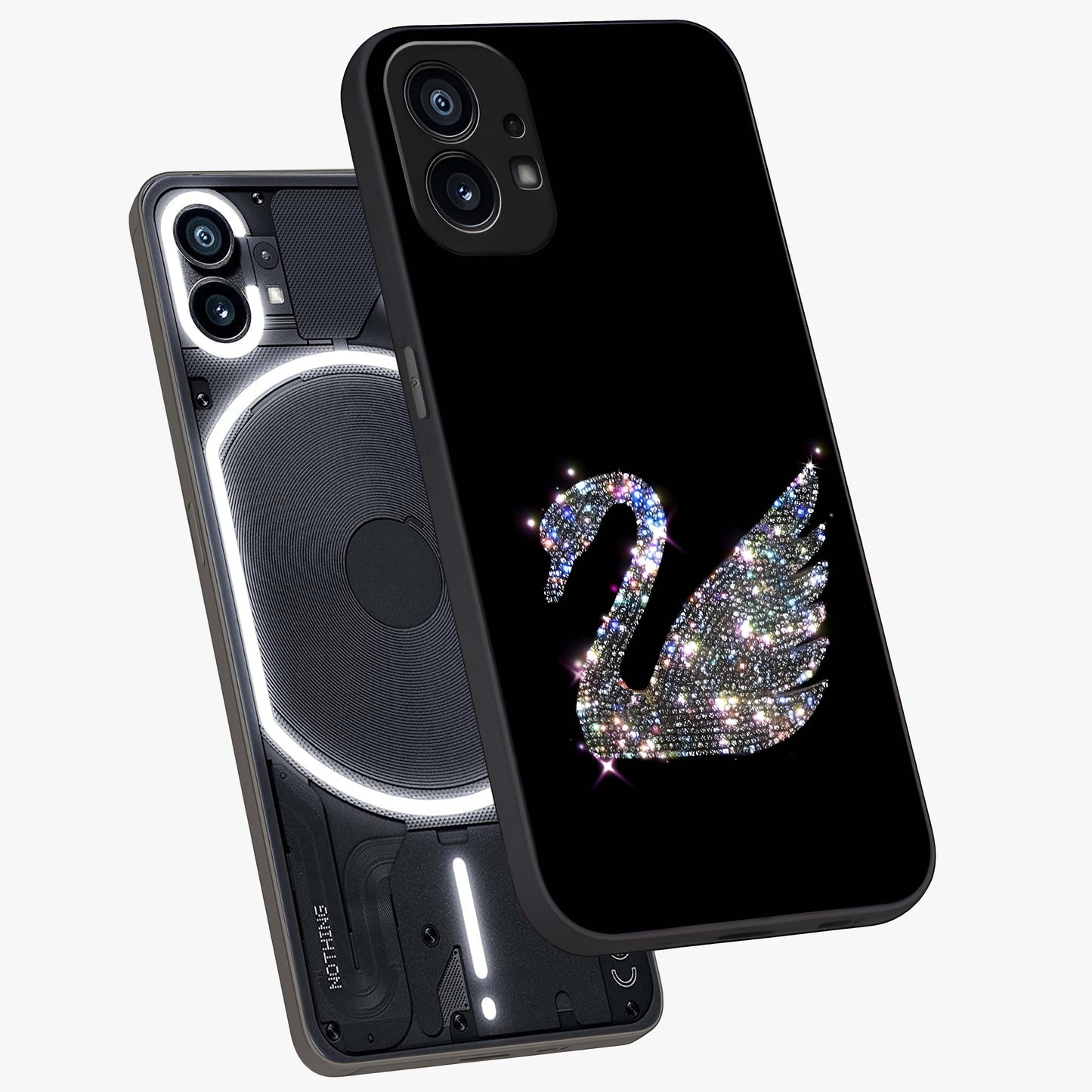 Starlit Swan Grace Glass Case displayed in angled mockup highlighting elegant swan illustration with dreamy celestial aesthetic.