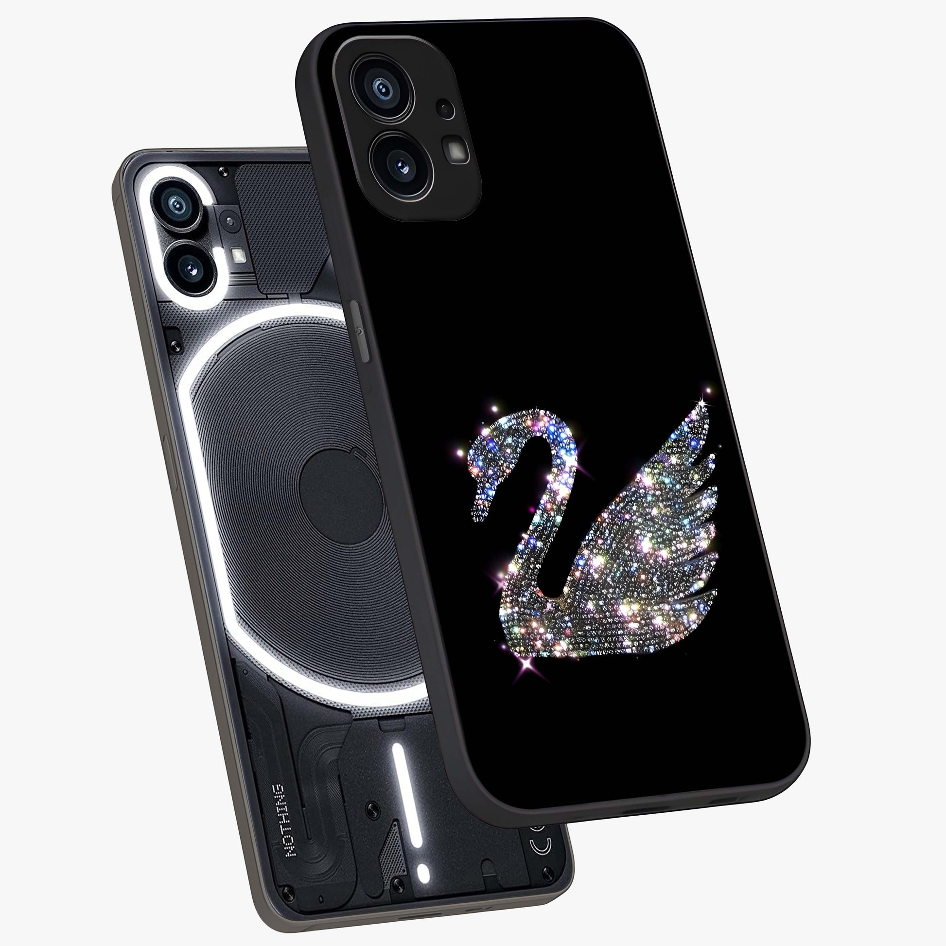 Starlit Swan Grace Glass Case displayed in angled mockup highlighting elegant swan illustration with dreamy celestial aesthetic.