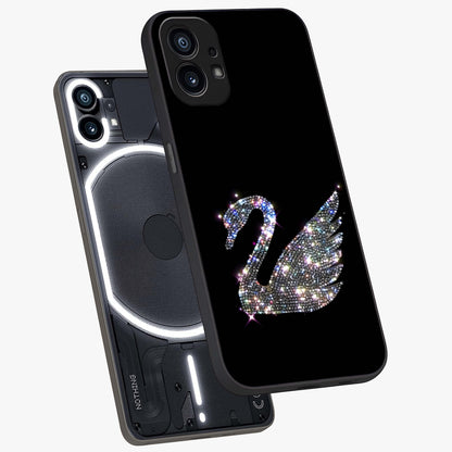 Starlit Swan Grace Glass Case displayed in angled mockup highlighting elegant swan illustration with dreamy celestial aesthetic.