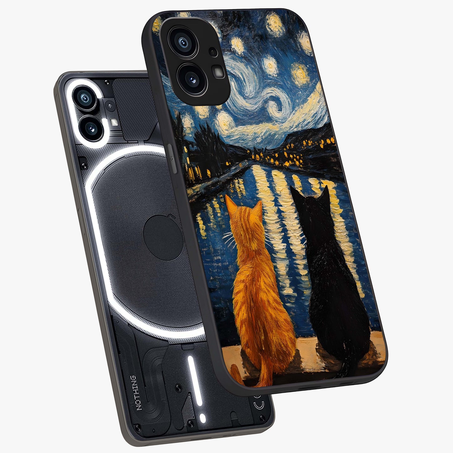 Starry River Cats Glass Case displayed in angled mockup highlighting charming feline illustration with dreamy night aesthetic.