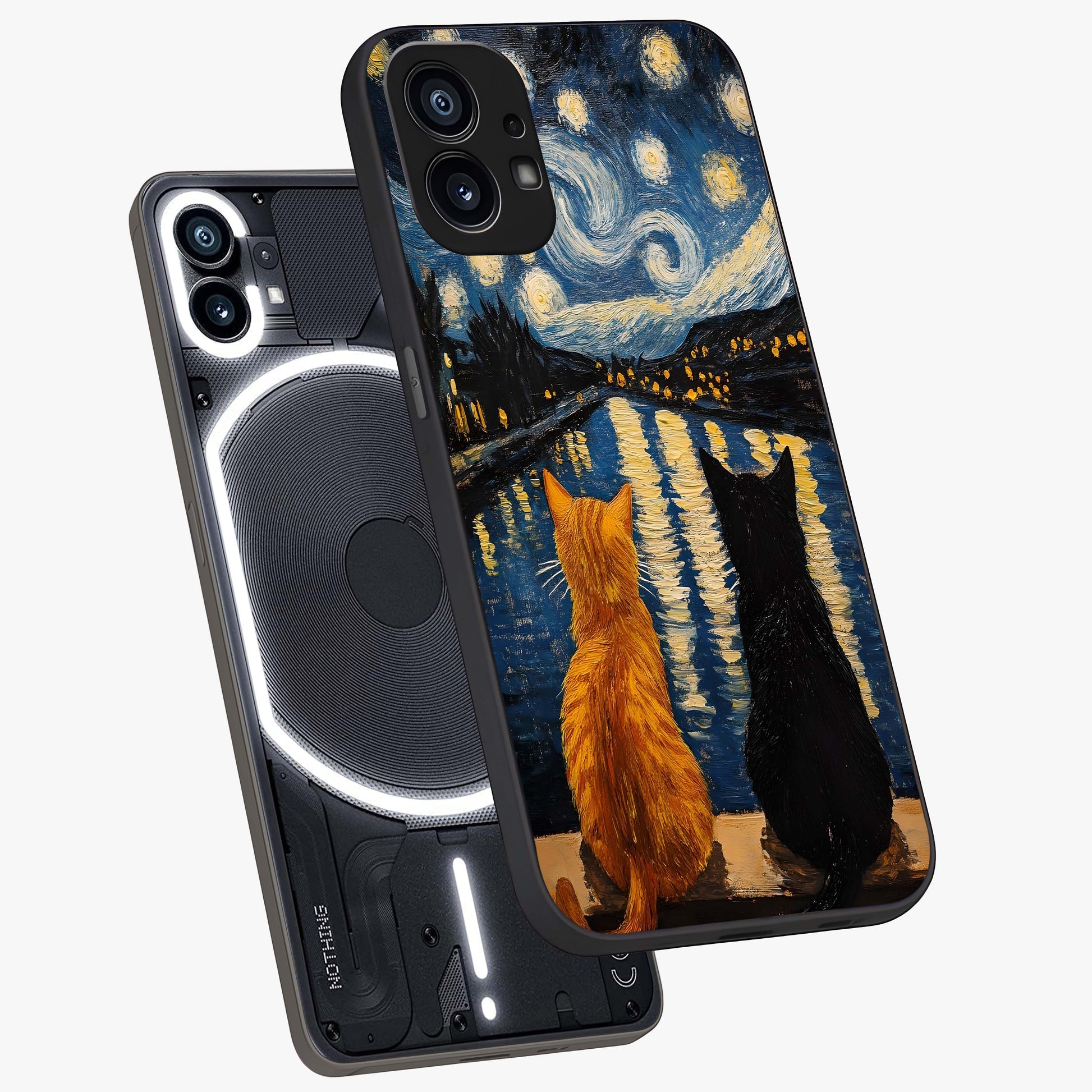 Starry River Cats Glass Case displayed in angled mockup highlighting charming feline illustration with dreamy night aesthetic.