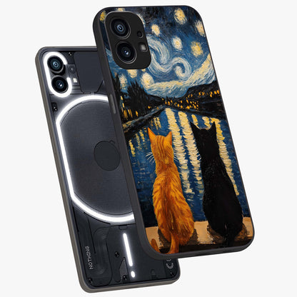 Starry River Cats Glass Case displayed in angled mockup highlighting charming feline illustration with dreamy night aesthetic.